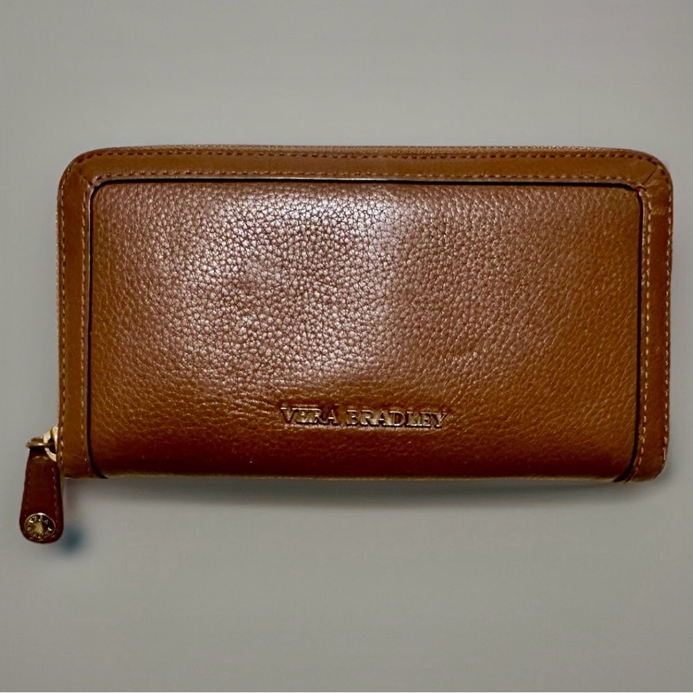 Vera Bradley Brown Leather Wallet-Zip Closures, Paisley Pattern Inside-Large
